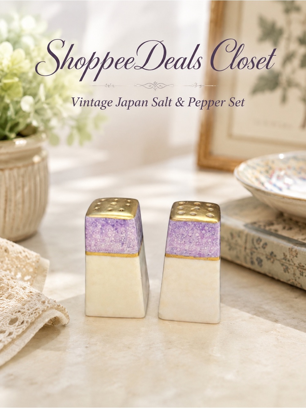 Vintage Japan Ceramic Salt & Pepper Shakers Lavender Gold Square Set No Stoppers